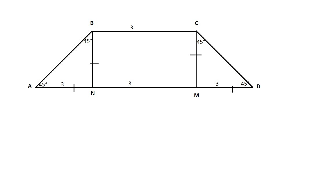 Найдите площадь трапеции 45 градусов. В равнобедренной трапеции основания равны 3 и 9 а один из углов. В равнобедренной трапеции основания равны 3 и 9. Трапеция основания 3 и 7 угол 45. Найдите площадь трапеции угол 45 градусов.