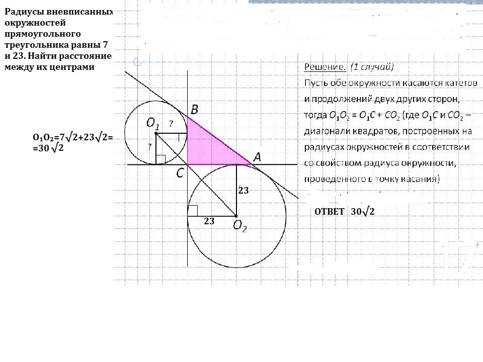 Найти расстояние между радиусами окружностей. Радиус вневписанной окружности в треугольник. Вневписанная окружность прямоугольного треугольника. Радиус вневписанной окружности в прямоугольный треугольник. Центр вневписанной окружности.