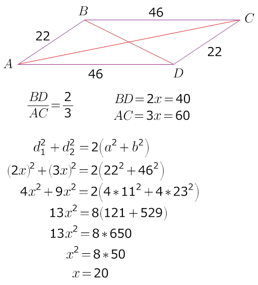 Диагонали относятся как 2 3. Сумма квадратов диагоналей параллелограмма. Сумма квадратов длин диагоналей параллелограмма. Сумма удвоенной диагоналей. Сумма квадратов диагоналей параллелограмма равна удвоенной сумме.