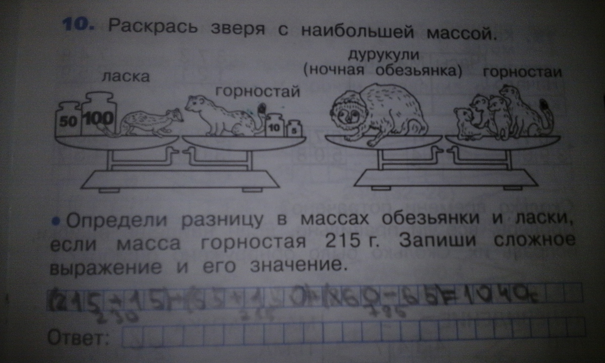 Запиши сложные. Раскрась зверя с наибольшей массой ласка горностай. Раскрась зверя с наибольшей массой. Определи разницу в массах обезьянки и ласки. Определи разницу в массах обезьянки и ласки если масса горностая 215г.