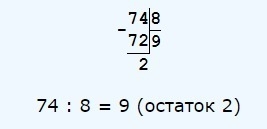 24 11 с остатком. 74÷ =8 (ОСТ. ). 74 Разделить на 9 с остатком. 74 8 Остаток. ОСТ 2и90.