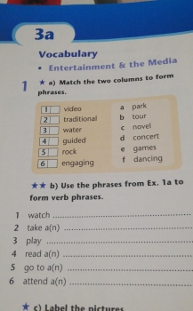 Match the words in the first column. Match the two columns. Match the columns to form phrases. Match the Words to form phrases. Entertainment Vocabulary.